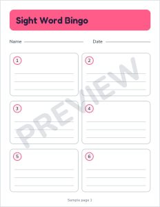 K2 sight word bingo preview