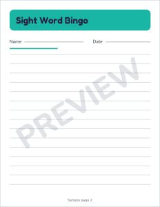 K2 sight word bingo preview